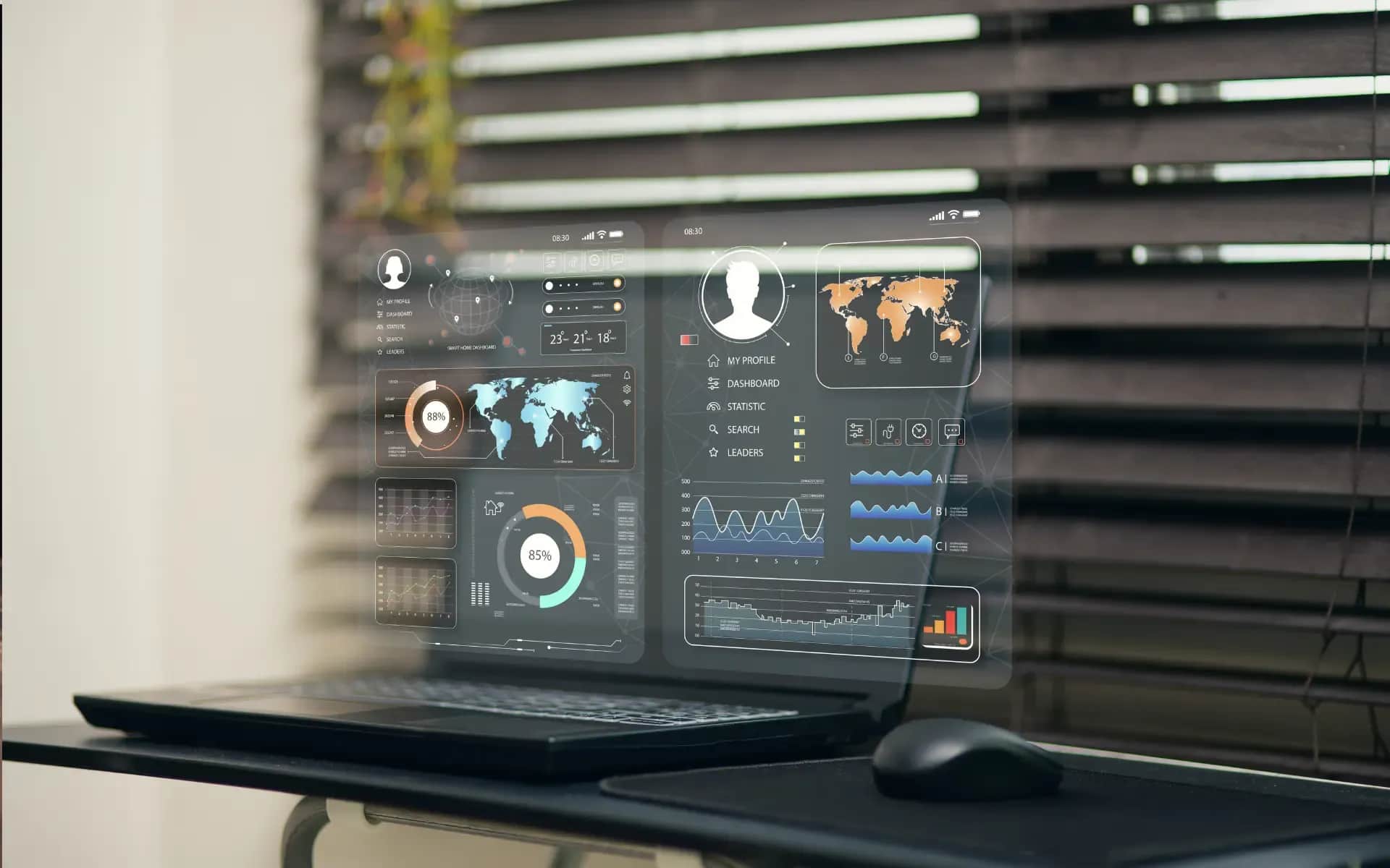 Minimalistyczne workspace z laptopem pokazującym dashboard analytics i notatkami strategicznymi