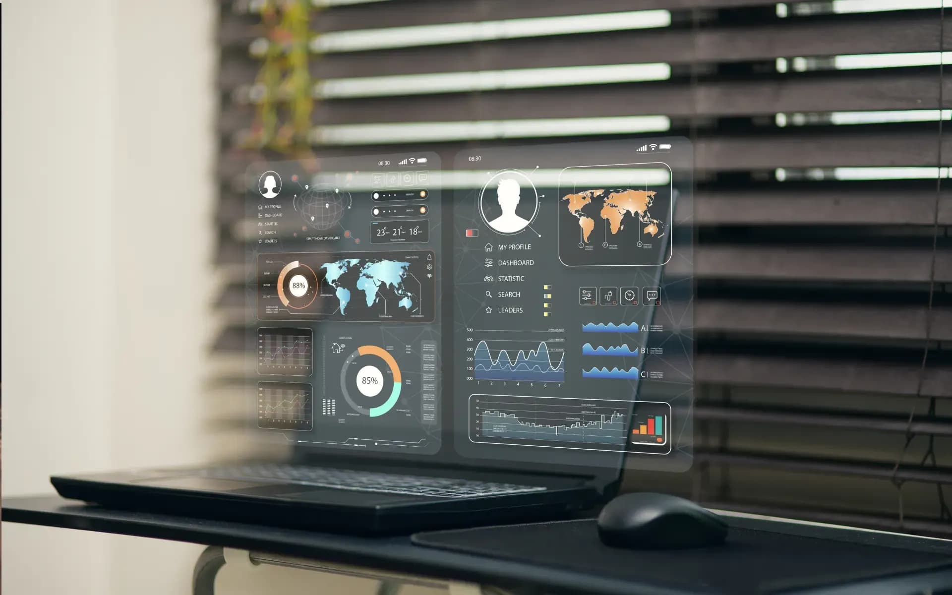 Minimalistyczne workspace z laptopem pokazującym dashboard analytics i notatkami strategicznymi
