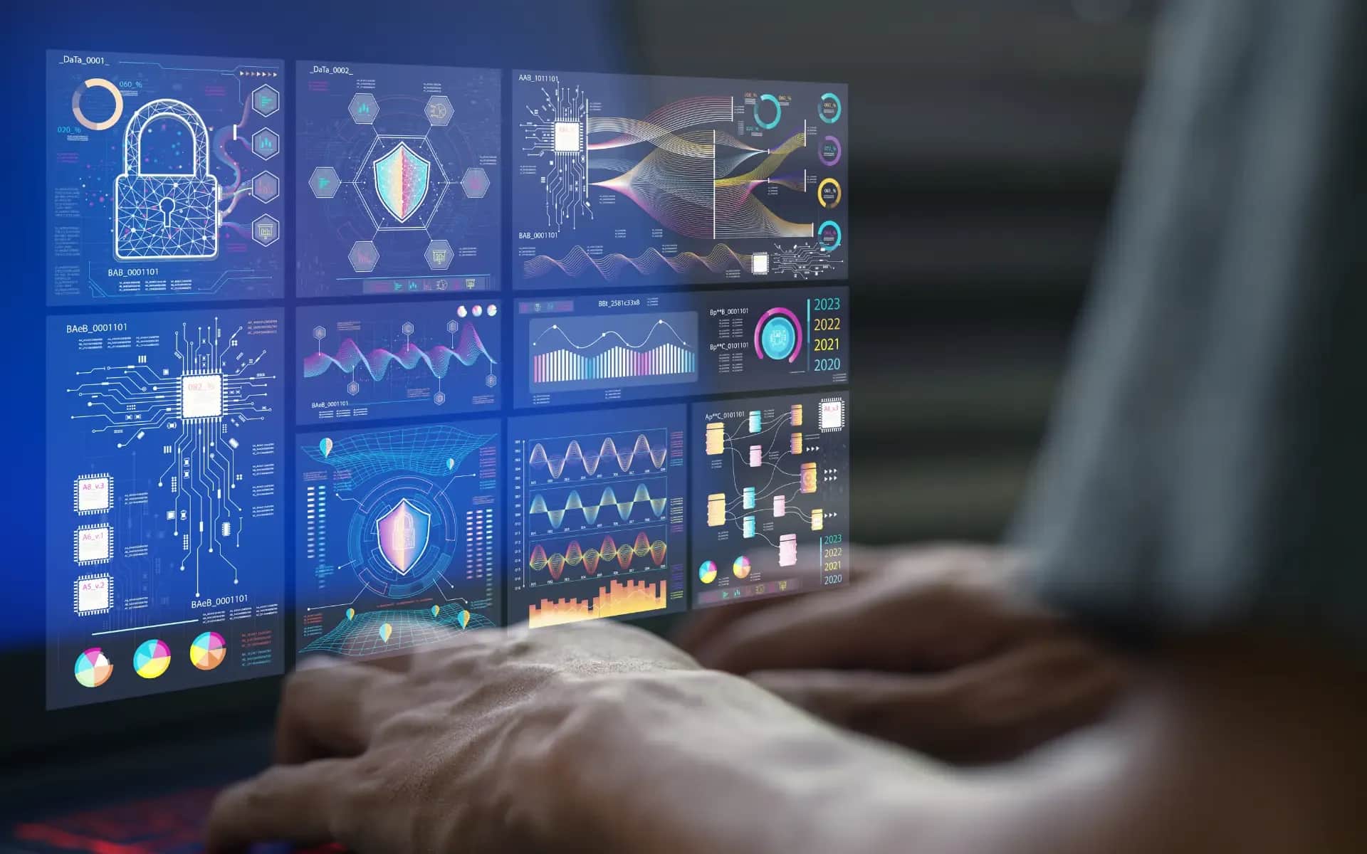 Minimalistyczny workspace z laptopem pokazującym dashboard biznesowy, bez ludzi w kadrze